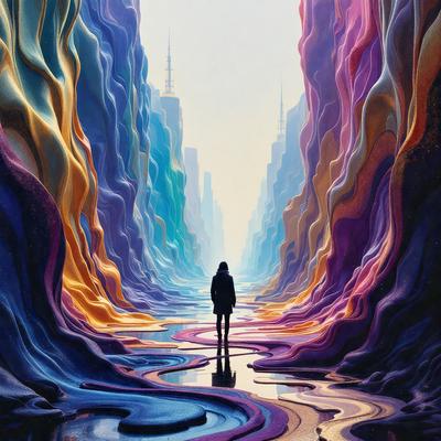 The primary subject of the image is a person walking down a path in a colorful, artistic environment. The setting includes a variety of colors and textures, creating a vibrant and visually appealing atmosphere. The visual style of the image is a combination of digital art and illustration, with the person standing out against the colorful backdrop. The colors and mood of the image are lively and energetic, with the person's presence adding a sense of movement and dynamism to the scene.